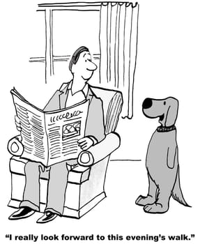 Dog cartoon.  The dog is looking forward to the evening walk with his owner.