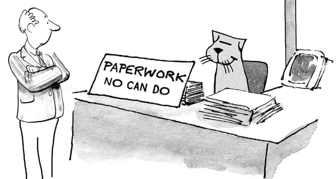 Business cartoon about being busy.  The business boss is surprised to see a 'paperwork no can do' sign on the business cat's desk.