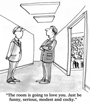 Business cartoon about speaking.  The speaker has been asked to be everything to everyone - funny, cocky, modest, serious.