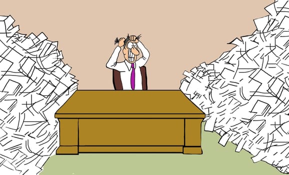 Business cartoon about being busy.  The businessman has huge stacks of paperwork he is behind on surrounding his desk.