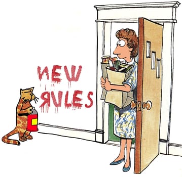 Cat cartoon.  The cat has decided it is time for new rules at the house.