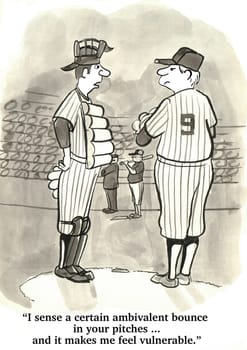 Sports cartoon.  The baseball catcher is giving the pitcher a pep talk during the game.