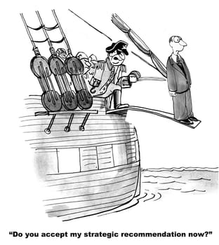 Business cartoon about conflict management.  The pirate makes the businessman walk the plank to persuade him to agree with the pirate's recommendation.