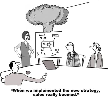 Business cartoon about change management.  When the team accepted change and implemented a new strategy then sales grew.