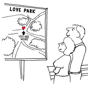 Valentine's Day cartoon.  The man and woman are having a romantic outing at Love Park.