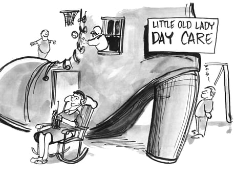 Education cartoon.  The children enjoy the Little Old Lady Day Care which occurs in her shoe.