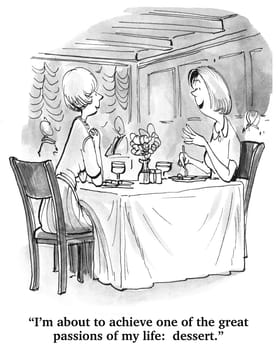 Food cartoon.  The woman is about to enjoy one of her greatest passions: dessert.