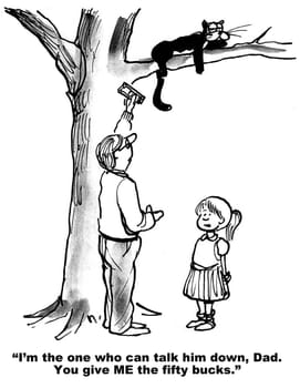 Cat cartoon.  The cat is stuck in the tree and the girl is going to rescue him.