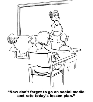 Education cartoon.  The teacher reminds the students to rate the lesson plan on social media.