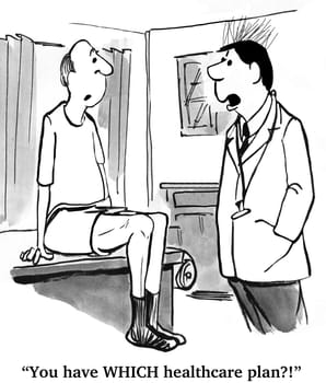 Medical cartoon.  The doctor does not like the patient's health insurance plan.