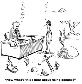Climate change cartoon.  The business is now operating under water because of rising sea levels due to climate change.