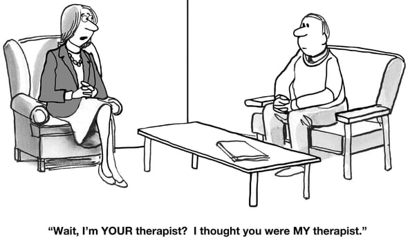 Mental health cartoon.  The woman and the man are confused, each thought the other one was the therapist.