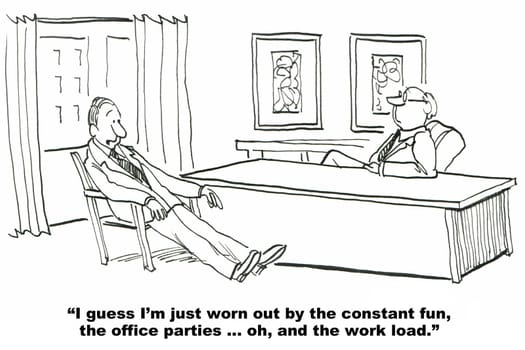 Business cartoon about corporate culture.  Two coworkers are talking about the fun culture at their company.