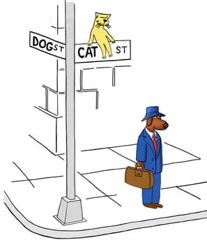 Business cartoon about conflict resolution.  The business dog has encroached onto Cat Street.