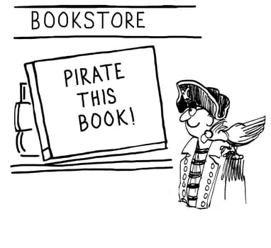 The pirate is excited to see an inducement to 'pirate this book'.