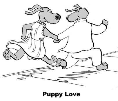 Valentine's Day cartoon.  This is the dog's first love, it is puppy love.