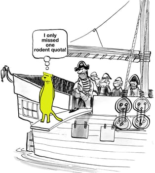 Cartoon in which pirate is making the cat walk the plank because he missed the quota.