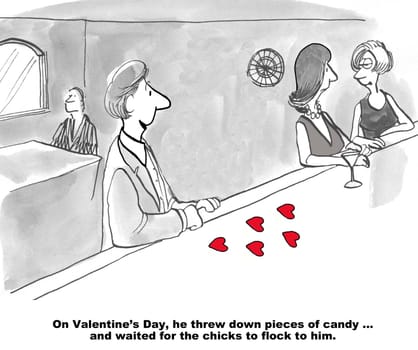 Valentine's Day cartoon.  The lonely man has placed red candy on the bar in hopes of gaining a woman's attention.