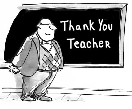 Education cartoon.  The students have written 'Thank You Teacher' on the blackboard to show their appreciation to the teacher.