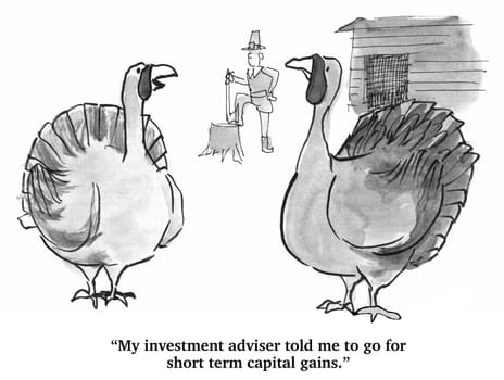 Business and Thanksgiving cartoon.  The turkey's financial advisor has recommended short term stocks.