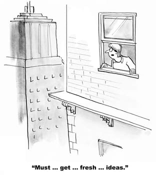 Business cartoon about innovation.  The businesswoman throws her office window open, she must get fresh ideas.