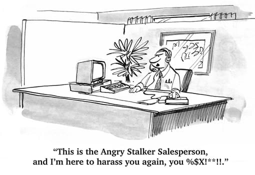 Business cartoon about sales.  The angry salesman is calling another customer to try to sell them something over the phone.