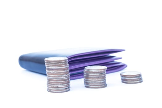 Coins with wallet isolated on white background, stock photo