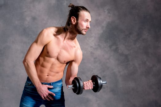 young white man exercised body train with bar-bell