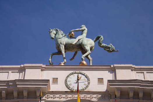 Granada City Hall horse sculpture on the top of the facade, Spain