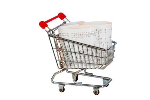 Shopping cart with cash slip saneon on white background