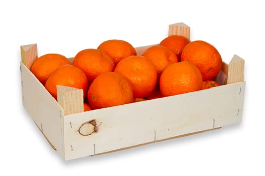 Clementines in a wooden box exposed on a white background