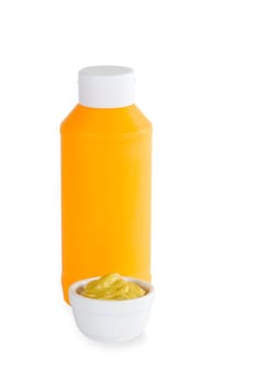 Plastic tab with mustard exposed on white background