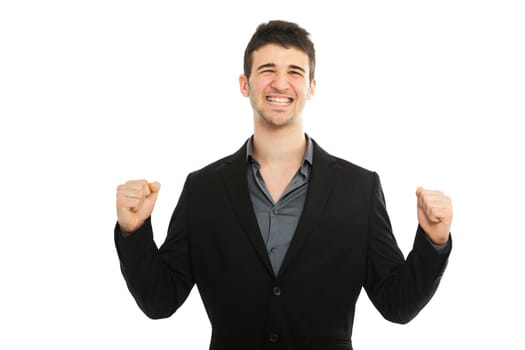 Young businessman expressing happiness. Isolated on white background.