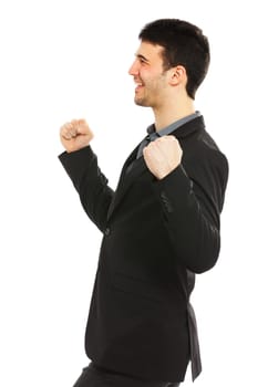 Young businessman punching the air isolated on white background. Side view.