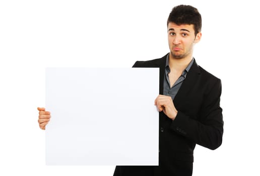 Young excited businessman holding blank board isolated on white background