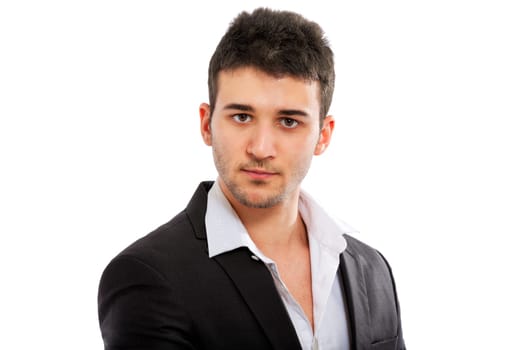 Young businessman portrait isolated on white background. Staring at the camera.
