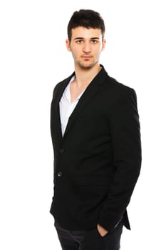Young businessman portrait isolated on white background. Waist up.