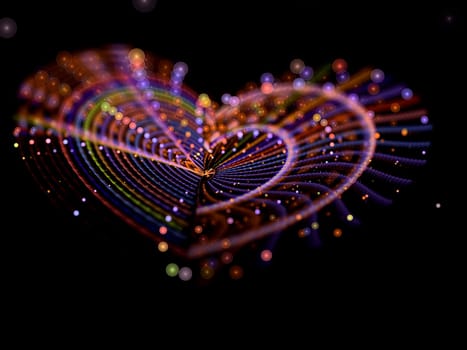Blur-based abstract texture colorful heart of braided strands surrounded by bright circles for background, boken, cards