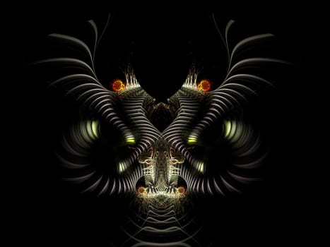 The abstract dark image on black background  similar to the portal entrance to the fantastic castle or a horrible mythical animal, such as the monstrous goat with spirally twisted horns.