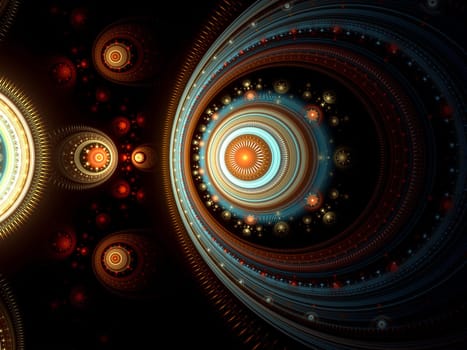 Futuristic dark background with cyan sphere, red and brown elements. Abstract computer-generated fractal