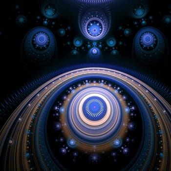 Futuristic dark background with cyan sphere, red and brown elements. Abstract computer-generated fractal