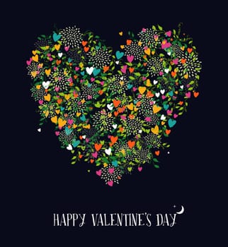 Happy Valentines day colorful poster or greeting card design. Heart shape silhouette made with nature elements, leaf and love flowers. EPS10 vector.