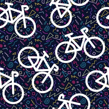 Bike retro seamless pattern, bicycle outline silhouette with 80s colorful geometry shape background in memphis style. EPS10 vector. .