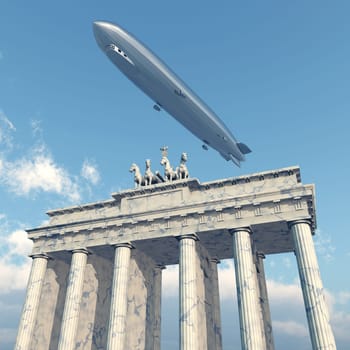 Computer-generated 3D illustration with a zeppelin over the Brandenburg Gate in Berlin