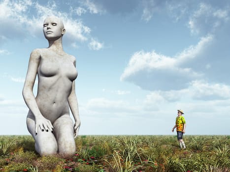Computer-generated 3D illustration with the sculpture of a kneeling woman and a viewer