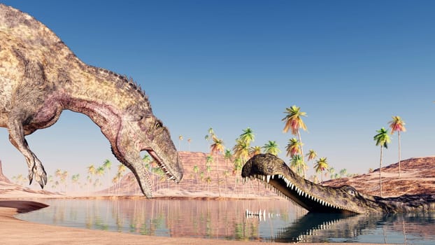 Computer-generated 3D illustration with the dinosaur Acrocanthosaurus and the prehistoric crocodile Sarcosuchus