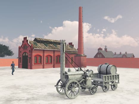 Computer-generated 3D illustration with a British steam locomotive from 1829 in front of an industrial building