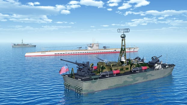 Computer-generated 3D illustration with US torpedo boats and a German submarine from World War II