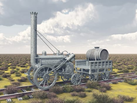 Computer-generated 3D illustration with a British steam locomotive from 1829