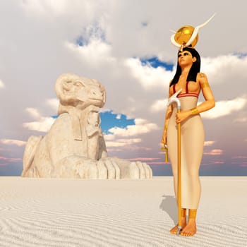 Computer-generated 3D illustration with goddess Hathor and Ariessphinx